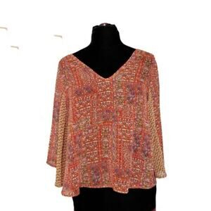 Zoa Semi Sheer Bat Wing V Neck Multi Print Cherry Blouse Poncho XS